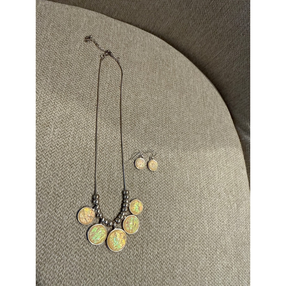 Vintage Faux Opal Cabochon Necklace Drop Earring Set Silver Tone Iridescent